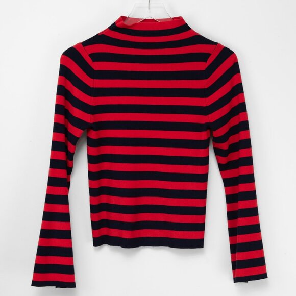 Anthropologie Maeve The Arlowe Bell-Sleeve Sweater Stripe Knit Red Navy Blue Med - Picture 2 of 7